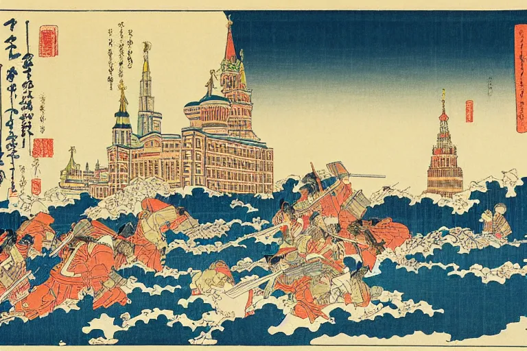 Image similar to moscow state university main building, being attacked by samurais, by katsushika hokusai