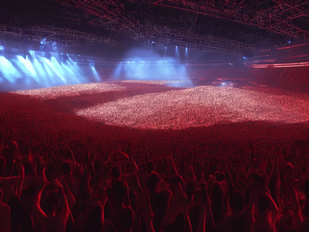 Image similar to a large concert stadium in hell, high contrast, stage lighting, pyrotechnics, ghibli animated film, volumetric lighting, octane render,