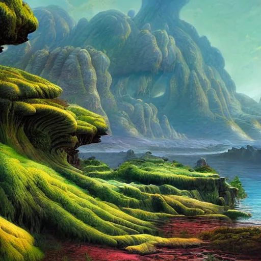 Image similar to digital painting of a lush natural scene on an alien planet by gerald brom. ultra sharp high quality digital render. detailed. beautiful landscape. colourful weird vegetation. cliffs and water.