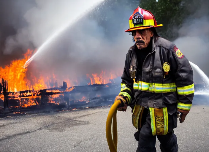 Prompt: photo of danny trejo as a firefighter putting out a big fire, 8 k, 8 5 mm f 5. 6