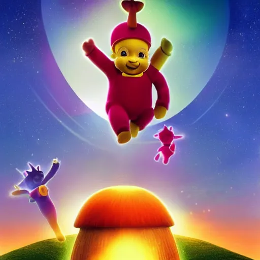 Image similar to The Teletubbies play in front of a large nuclear explosion that has created a large nuclear mushroom and is totally oblivious to the fact that the city is in flames and everyone die. Elegant, intricate, digital painting, artstation, concept art, smooth, sharp focus, illustration, art by artgerm and greg rutkowski and alphonse mucha