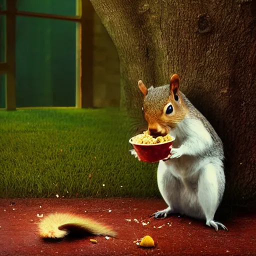 Prompt: photo capturing an extremely distraught squirrel after just dropping his food painted by Mike Winkelmann