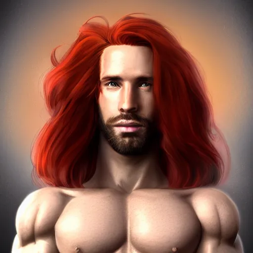 Image similar to portrait of a handsome male ship captain with long red hair!!!!!!, 30 years old, bashful, upper body, ethereal, muscular, friendly, playful, D&D, hairworks, Unreal 4, fantasy, elegant, highly detailed, digital painting, hairworks, deviantart, artstation, concept art, sharp focus, dramatic lighting, illustration, art by Artgerm and Greg Rutkowski and Alphonse Mucha