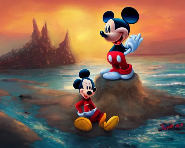 Image similar to Mickey mouse sitting next to terrifying sea creatures on a creepy beach, digital art, by Taeyoung Choi, super detailed, artstation