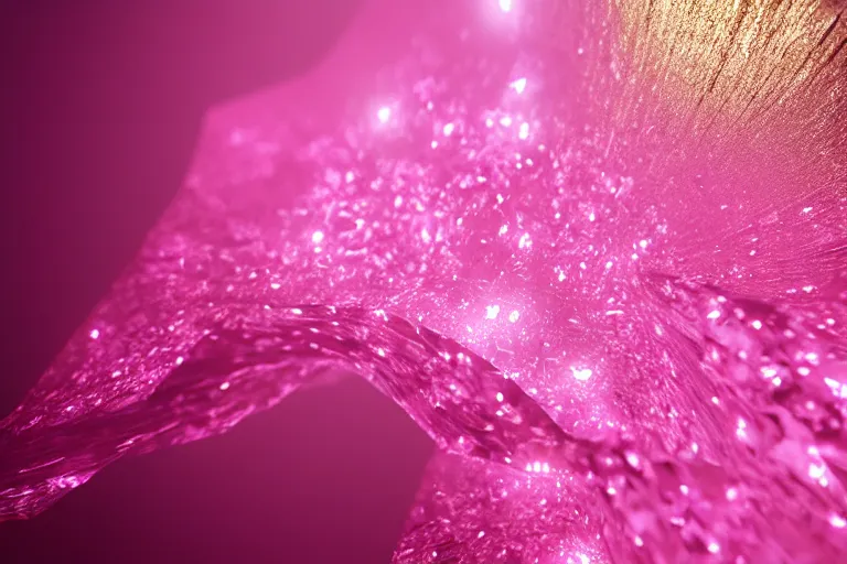 Image similar to film still, pink diamonds cascade like waterfalls from her eyes, cinematic lighting, ray tracing, unreal engine 5, photorealistic, 8 k, uhd, extremely detailed, beautiful, elegant, intricate, foggy, golden ratio, medium close - up, perfect composition, dramatic, medium close - up