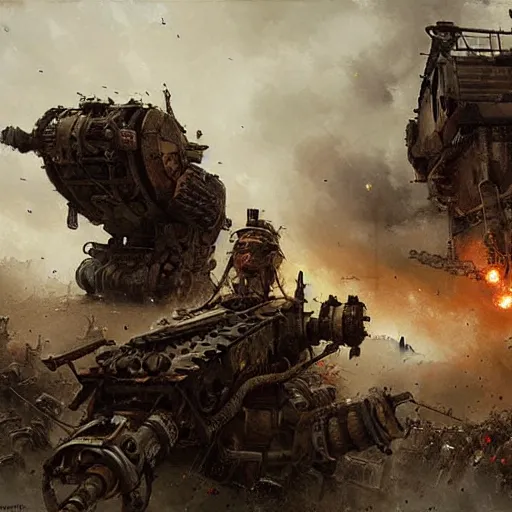 Image similar to gitantic steampunk war machine, war scene, explosions, jakub rozalski