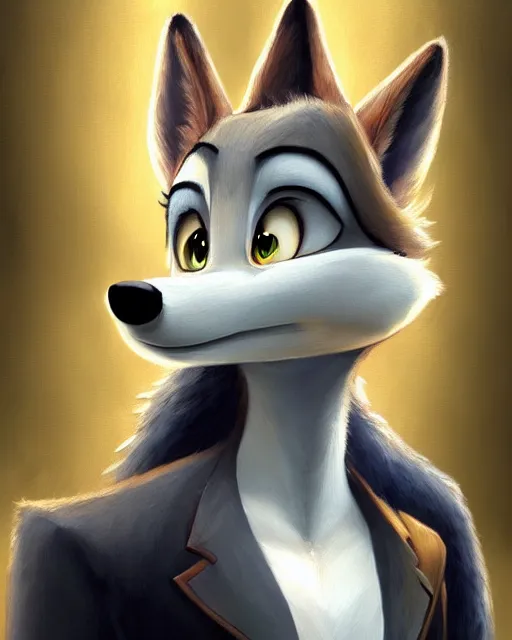 Prompt: beautiful oil painting of anthromorphic female wolf, in style of zootopia, zootopia, zootopia, fursona, furry, furaffinity, 4 k, deviantart, furry art, fursona art, wearing black business suit, business suit, in style of zootopia, wolf fursona, cyberpunk, female, very very expressive detailed feminine face,