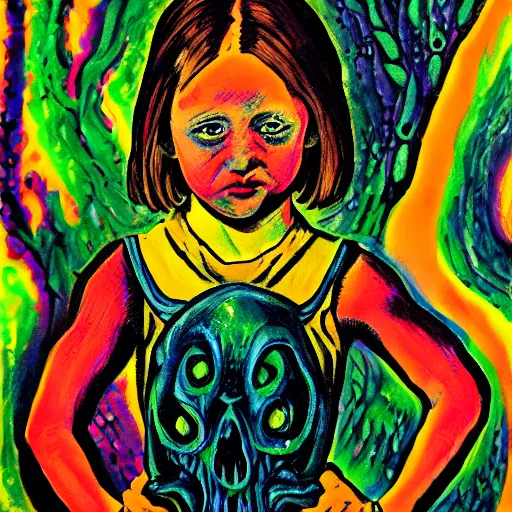 Image similar to a cute little girl, horror, hp lovecraft, hr giger, bernie wrightson,. stephen kasner, fauvism, terrifying, 8 5 mm f / 1. 8, detailed