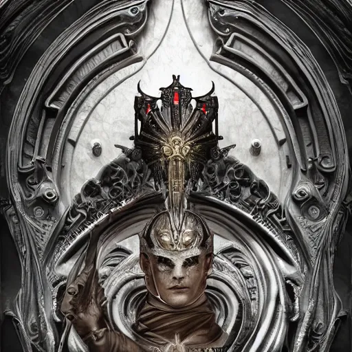 Image similar to trigun, highly detailed, symmetrical long head, smooth marble surfaces, detailed ink illustration, raiden metal gear, cinematic smooth stone, deep aesthetic, concept art, post process, 4k, carved marble texture and silk cloth, latex skin, highly ornate intricate details, in the style of hr giger