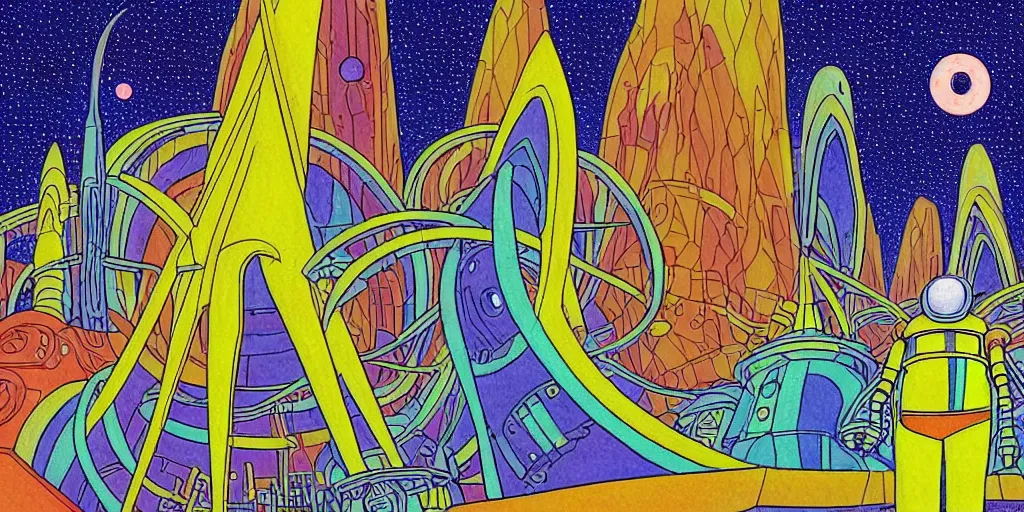 Image similar to traditional drawn colorful animation a symmetrical architecture on the ground, space station planet, planet surface, ground, tree, outer worlds robots extraterrestrial hyper contrast well drawn Metal Hurlant Pilote and Pif in Jean Henri Gaston Giraud animation film The Masters of Time FANTASTIC PLANET La planète sauvage animation by René Laloux