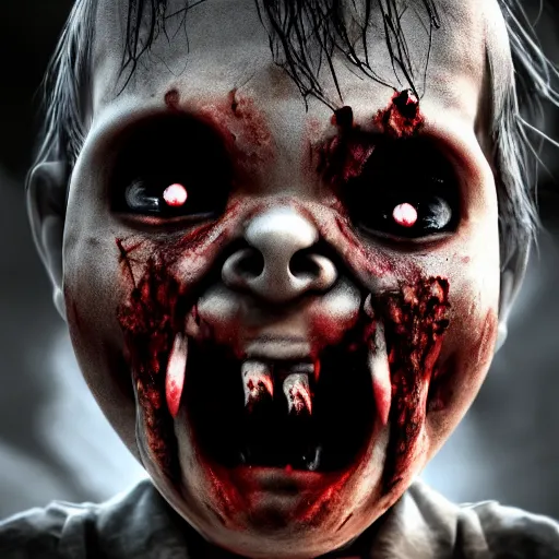 Prompt: angry zombie baby without eyes portrait, empty bloody - black eyesockets, horror core, apocalyptic, feeling of grimdark, sharp focus, fiction, hyper detailed, digital art, trending in artstation, cinematic lighting, studio quality, smooth render, unreal engine 5 rendered, octane rendered, art style and nixeu and wlop and krenz cushart