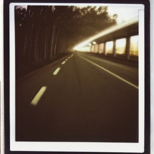 Image similar to found polaroid picture, flash, mutant creature in the middle of a deserted highway, eerie