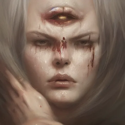 Image similar to portrait of a woman, sad, cry, gloomy, blood, fire, intricate, elegant, highly detailed, digital painting, artstation, concept art, matte, sharp focus, illustration, octane render, unreal engine, art by aenaluck and roberto ferri and greg rutkowski, epic fantasy, digital painting