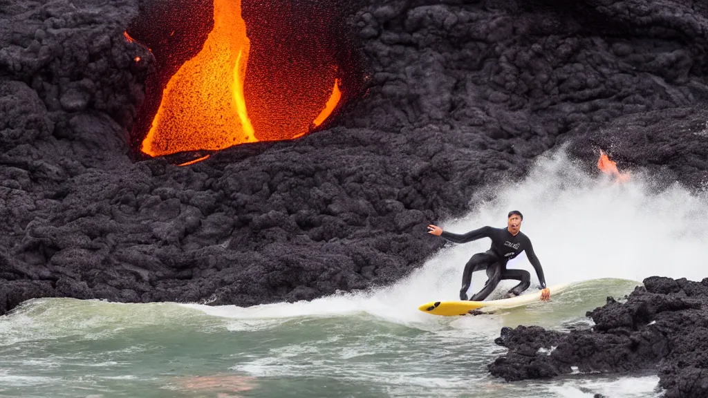 Image similar to medium shot of a person wearing a sponsored team jersey surfing down a river of lava on the side of a volcano on surfboard, action shot, dystopian, thick black smoke and fire, sharp focus, medium shot