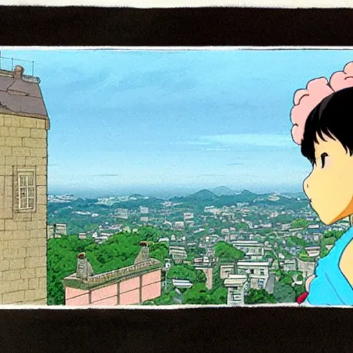 Prompt: a black lady looking out over a city, Miyazaki, studio ghibli