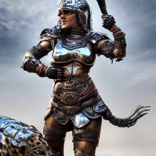 Image similar to female warrior with metal jaguar armour, highly detailed, 4k, HDR, smooth, sharp focus, hyper realistic, high resolution