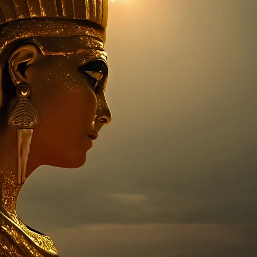 Image similar to a beautiful award winning photo of Cleopatra, golden hour, very detailed and sharp, 4k cinematic