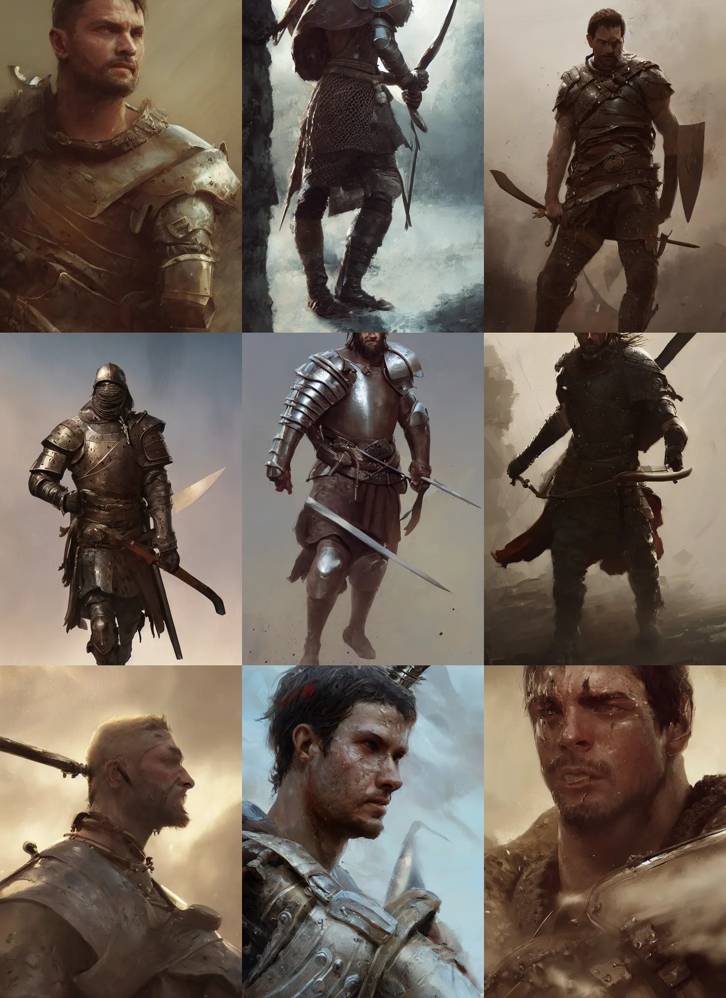 Image similar to medium close up of male medieval warrior walking with weapon on shoulder, brown hair, dirty face, realistic cinematic lighting, photorealistic, reflections, glistening, sweat, greg rutkowski, wlop, ruan jia, artgerm, craig mullins, pixiv, artstation, octane renderer