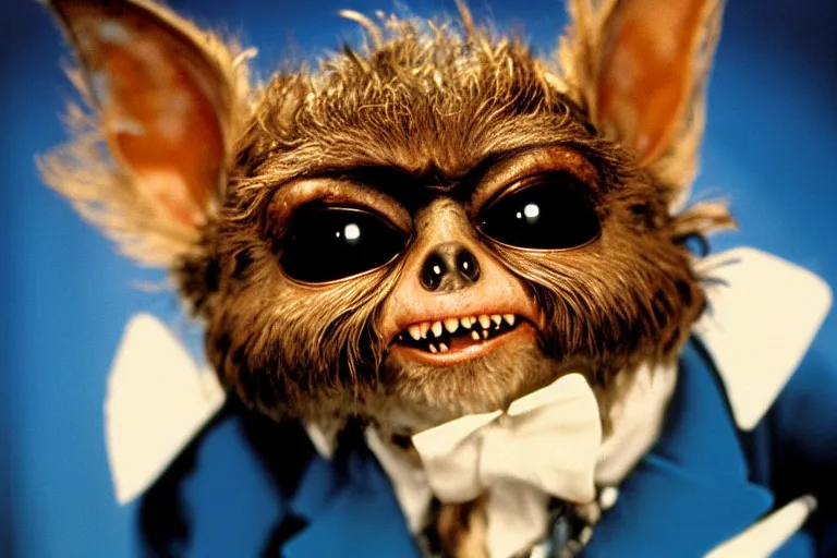 Image similar to a portrait photograph of gizmo from the movie gremlins wearing a blue wedding suit and looking proud, portrait taken by annie leibovitz,