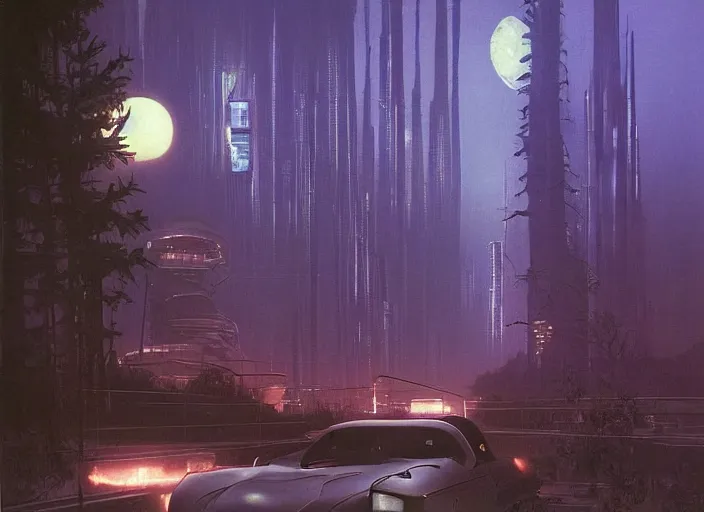 Image similar to a car driving down a street next to tall forest the night, cyberpunk art by Chesley Bonestell, cgsociety, retrofuturism, matte painting, reimagined by industrial light and magic