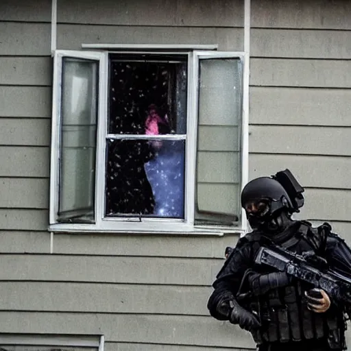 Image similar to Swat Breaching into a house, windows lit up, windows with cocaine pouring out of them,