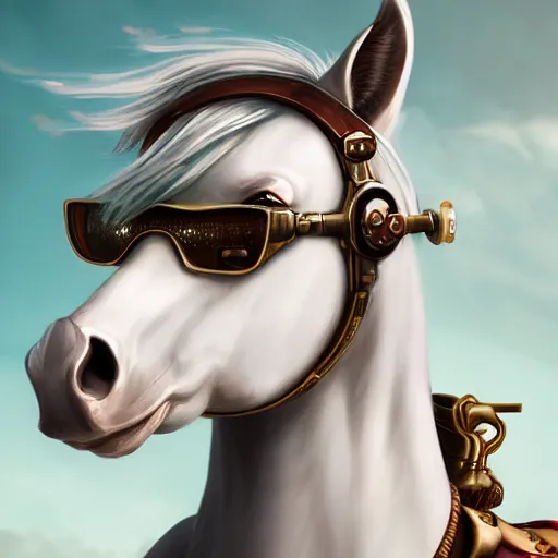 Prompt: a profile picture of a white horse with steampunk googles, by ROSS tran, 4k