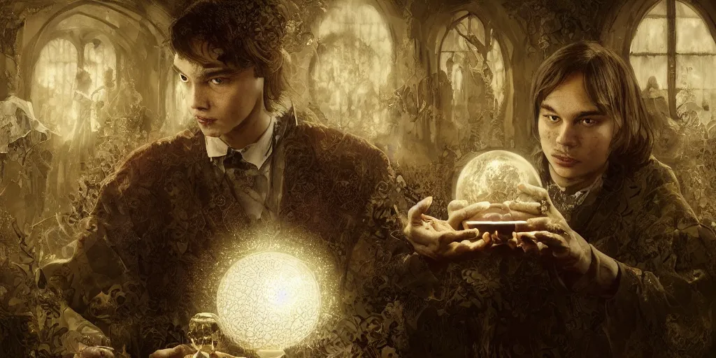 Image similar to Frank Dillane with a crystal ball conducting a seance, intricate, digital painting, old english, victorian, sepia, whimsical background by marc simonetti, artwork by liam wong