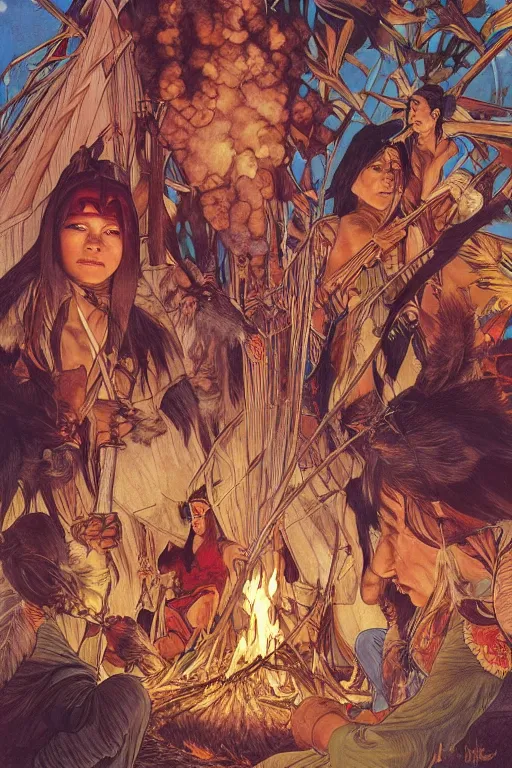 Prompt: serene scene of native americans around a fire in front of a tipi, by artgerm and yoshitaka amano and moebius and alphonse mucha, hyperdetailed, dc comics, ornate, nebula, explosions in the sky, trending on artstation