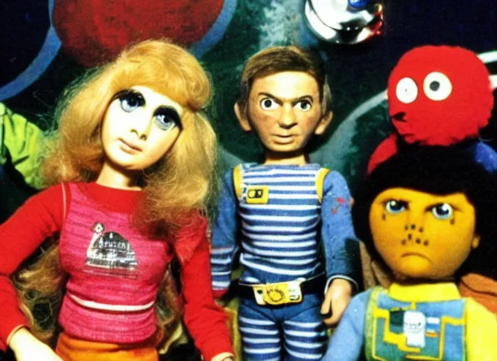 Image similar to a scene from a 1 9 7 0 s british kids tv programme by the bbc and gerry anderson, puppets, thunderbirds, supermarionation, vhs distortion, folk horror, hauntology