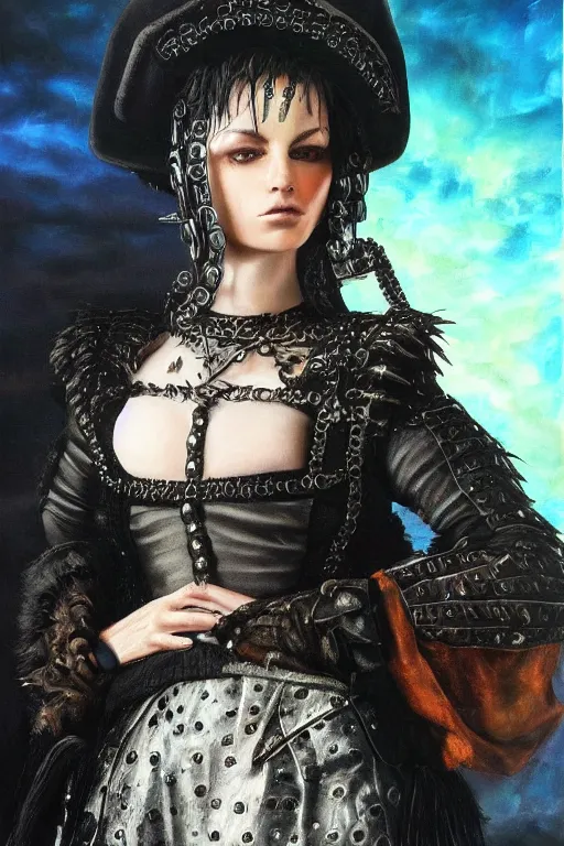 Image similar to hyperrealism oil painting, close - up portrait of punk gothic medieval brunette fashion model, knight, steel gradient mixed with nebula sky, in style of baroque