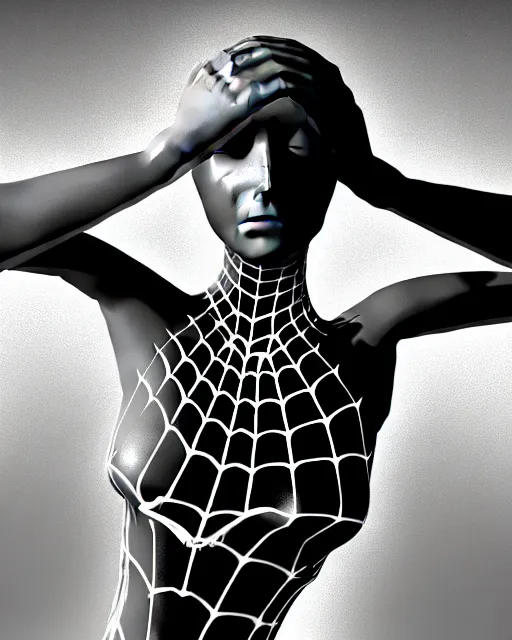 Image similar to black and white cyborg-plant goddess high quality photo, artificial intelligence, bio-mechanical bio-luminescence, artificial complex spider web, neurons, nerve cells, octane render, cinematic, rim light, hyper realism, photo-realistic, high detail, 8k, in the style of Steven Meisel and Dora Maar and H.G. Giger