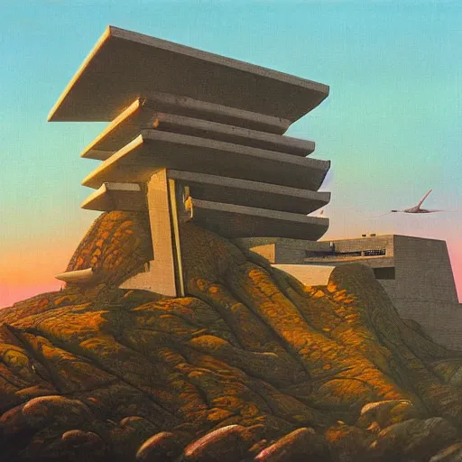 Image similar to painting of of brutalist fascist cyberpunk Japanese castle on the Oregon Coast cliffs at sunset by Zaha Hadid, Beksinski, Moebius, and Rutkowski