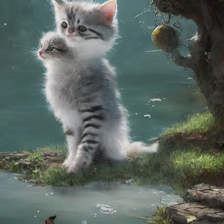 Image similar to a painting of a cute kitten at a river. character design by cory loftis, fenghua zhong, ryohei hase, ismail inceoglu and ruan jia. volumetric light, detailed, rendered in octane