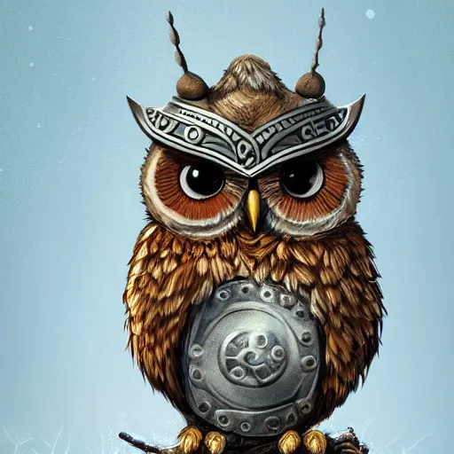 Image similar to A detailed, highly realistic anthropomorphic owl with a viking helmet and round shield standing in front of a tree, an anthropomorphic owl with a fluffy face wearing armor in front of a tree, digital art, artstation