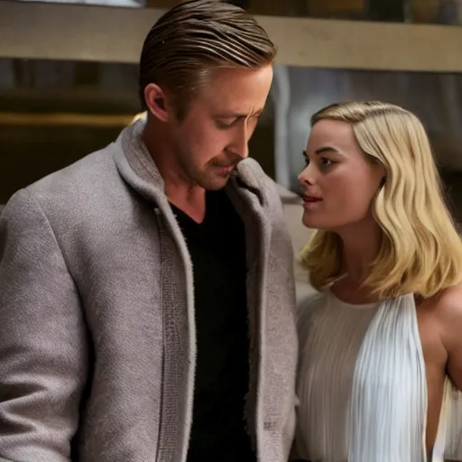 Prompt: still of ryan gosling and margot robbie, in rocky