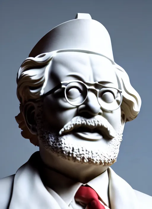 Image similar to colonel sanders with kfc bucket as marble statue by michaelangelo, realistic 3 d render, high lights, 4 k, high detailed photography cape, 5 0 mm lens, depth of field, cinematic