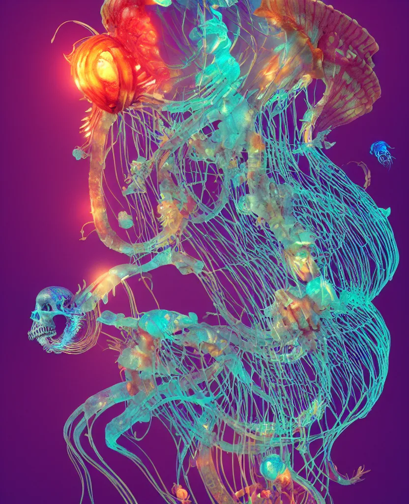 Image similar to human thorax, rib cage, ribs jellyfish phoenix head, nautilus, orchid, skull, betta fish, bioluminiscent creatures, intricate artwork by Tooth Wu and wlop and beeple. octane render, trending on artstation, greg rutkowski very coherent symmetrical artwork. cinematic, hyper realism, high detail, octane render, 8k