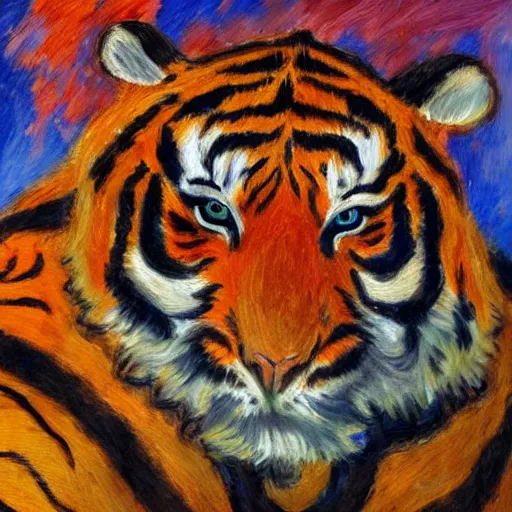 Prompt: an impressionist painting of a Chinese dragon with the face of a tiger