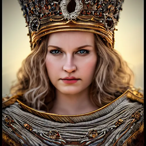 Prompt: photo of a beautiful! nordic queen, ornate , telephoto lens, incredibly detailed, 8k, HDR, studio, cinematic, realistic