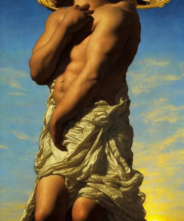 Image similar to a beautifully high detail, intricate, clear detailed portrait of a close up of zeus with an construction hat golden in teal curtain at beautiful sunset daytime nature sunlit nebula background painting by frederic leighton and rosetti, 8 k