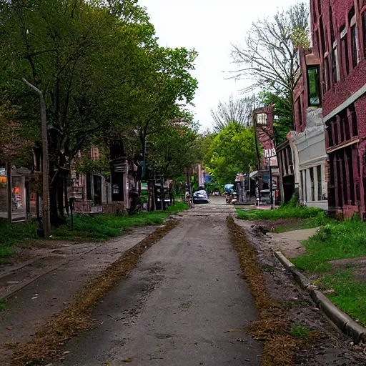 Image similar to main street in northampton, ma overgrown after 5 0 0 years since the apocalypse