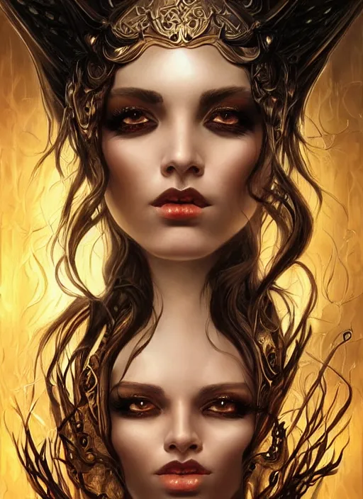 Prompt: a highly detailed symmetrical painting of a female fantasy seductive sensual dark mistress with piercing beautiful eyes, trending on artstation, deviantart, art by artgerm and karol bak and mark brooks