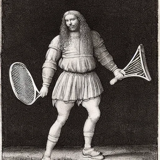 Prompt: Leonardo da Vinci playing tennis