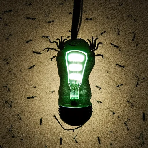 Prompt: a disturbing photograph of a monster made of roaches and spiders with glowing green eyes in dark concrete room with a single light bulb hanging from a wire. extreme detail. low color saturation.