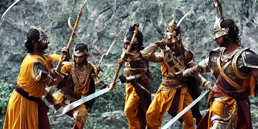 Image similar to sri lankan warriors with swords, film still, fantasy movie style