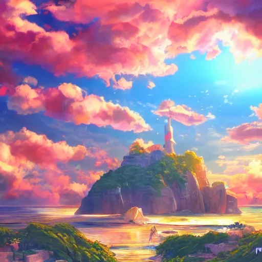 Prompt: photo cartoon illustration comics manga painting of pixiv, fantastic atlantis, red sunset and lots of clouds, fairy tales, bright colors and high picture, quality, by makoto shinkai, hdr, digital painting, unreal engine 5, 8 k, volumetric lighting, contrast