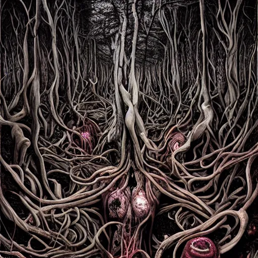 Image similar to forest of human bodies and viscera by godmachine keith thompson horror art psychedelic trippy messy viscera visceral bodies death horror creepy faces organic forests