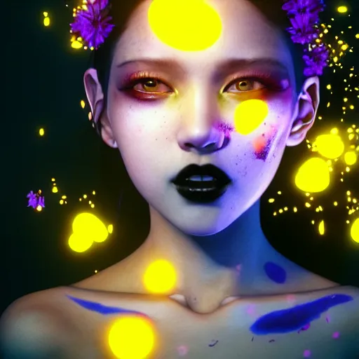 Image similar to terrifying closeup portrait of a beautiful carefree goth girl in tanktop covered in glowing flowers, by katsuhiro otomo, yoshitaka amano, nico tanigawa, artgerm, greg rutkowski makoto shinkai takashi takeuchi rendered with intense 3 d effect reflective shadowing, cinematic lighting, hyperrealistic illustration uhd 8 k