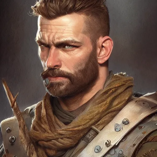 Prompt: portrait of a rugged male ranger, D&D, fantasy, intricate, muscular, highly detailed, digital painting, artstation, concept art, smooth, sharp focus, illustration, art by artgerm and greg rutkowski and alphonse mucha