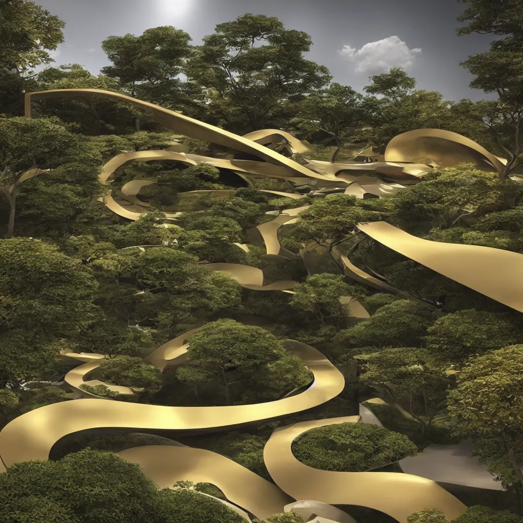 Image similar to “ an incredibly smooth curvilinear architectural complex spatial sculpture, unfolding continuously golden surfaces enclose a visually interesting japanese zen garden designed by zaha hadid, architecture render, vray ”